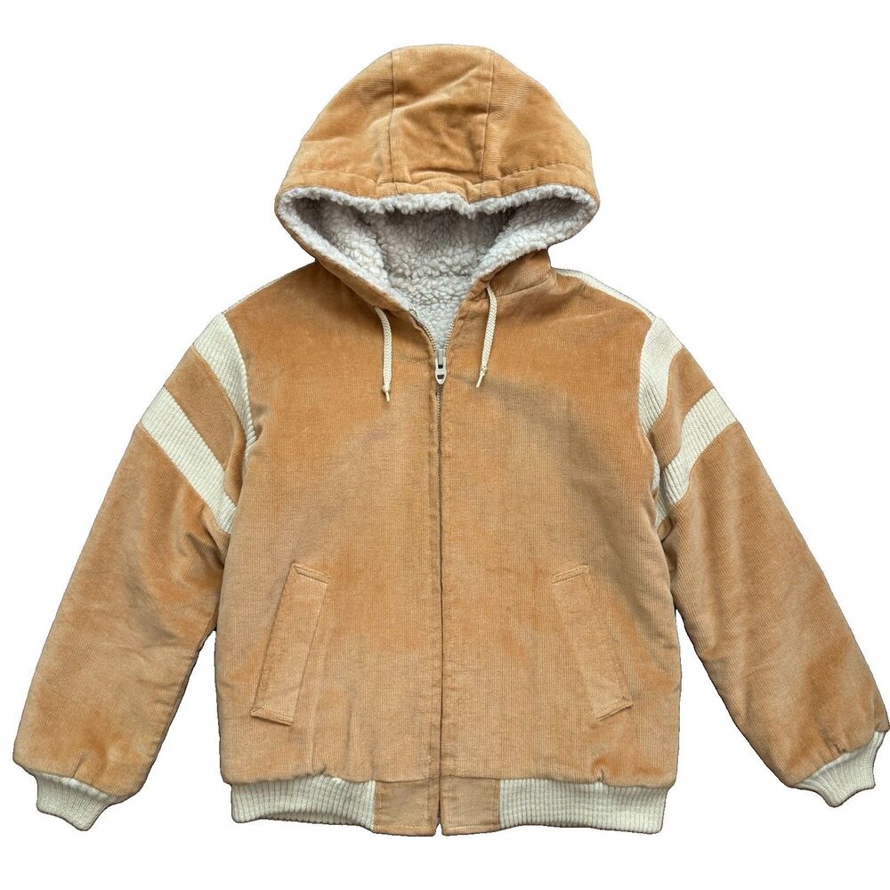 Vintage 80s Sears Sherpa Lined Corduroy Hooded Jacket Tan USA Made Womens M